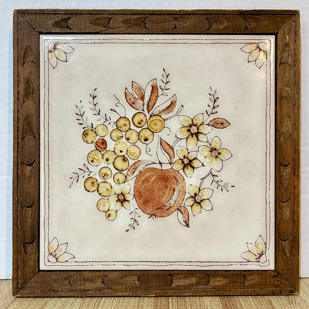 Vintage Italian Saterno Imola Ceramic Tile & Carved Wood Trivet Apple & Grapes